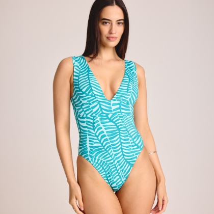 a model in a Vitamin A for Target one-piece swimsuit
