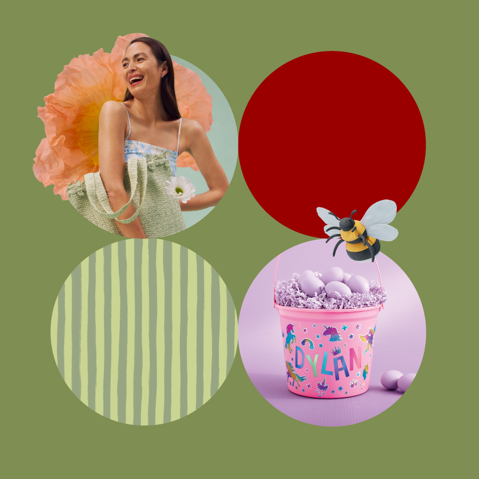 A spring-themed graphic featuring a model in a dress and a container of Easter eggs.