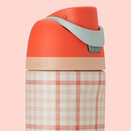 a gingham-checked Owala water bottle