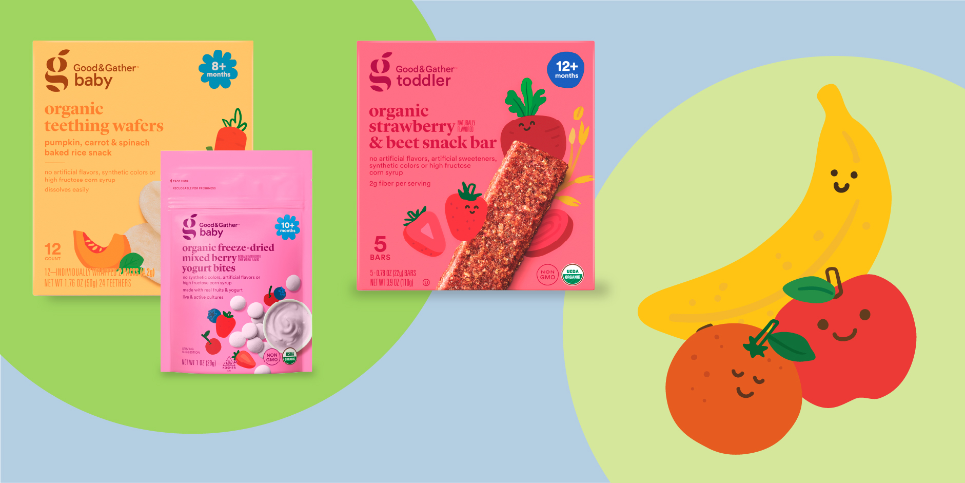 Packages of three different Good & Gather Baby and Toddler snacks on a colorful background next to an illustration of a banana, orange and apple with smiling faces.
