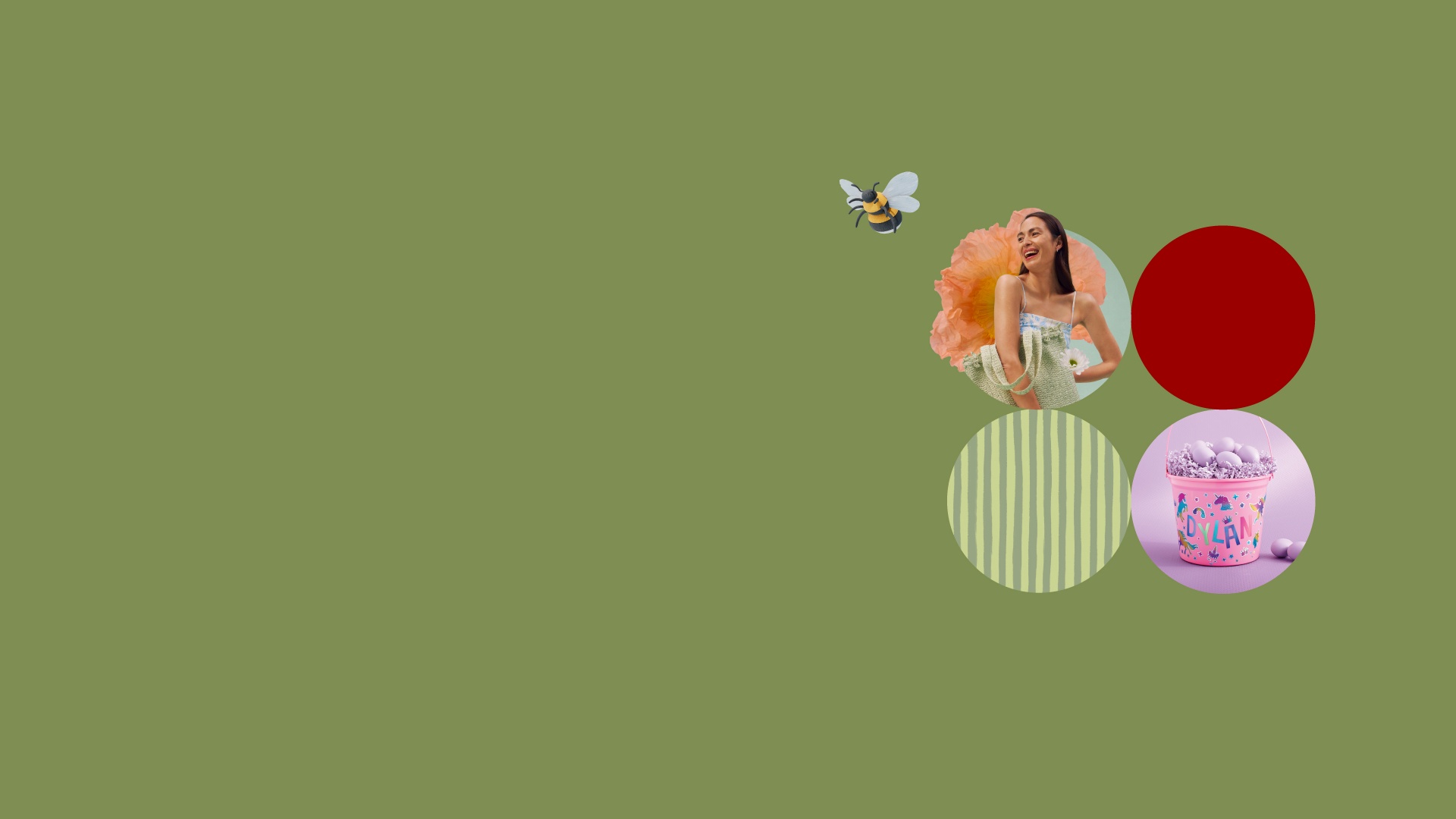 A spring-themed graphic featuring a model in a dress and a container of Easter eggs.
